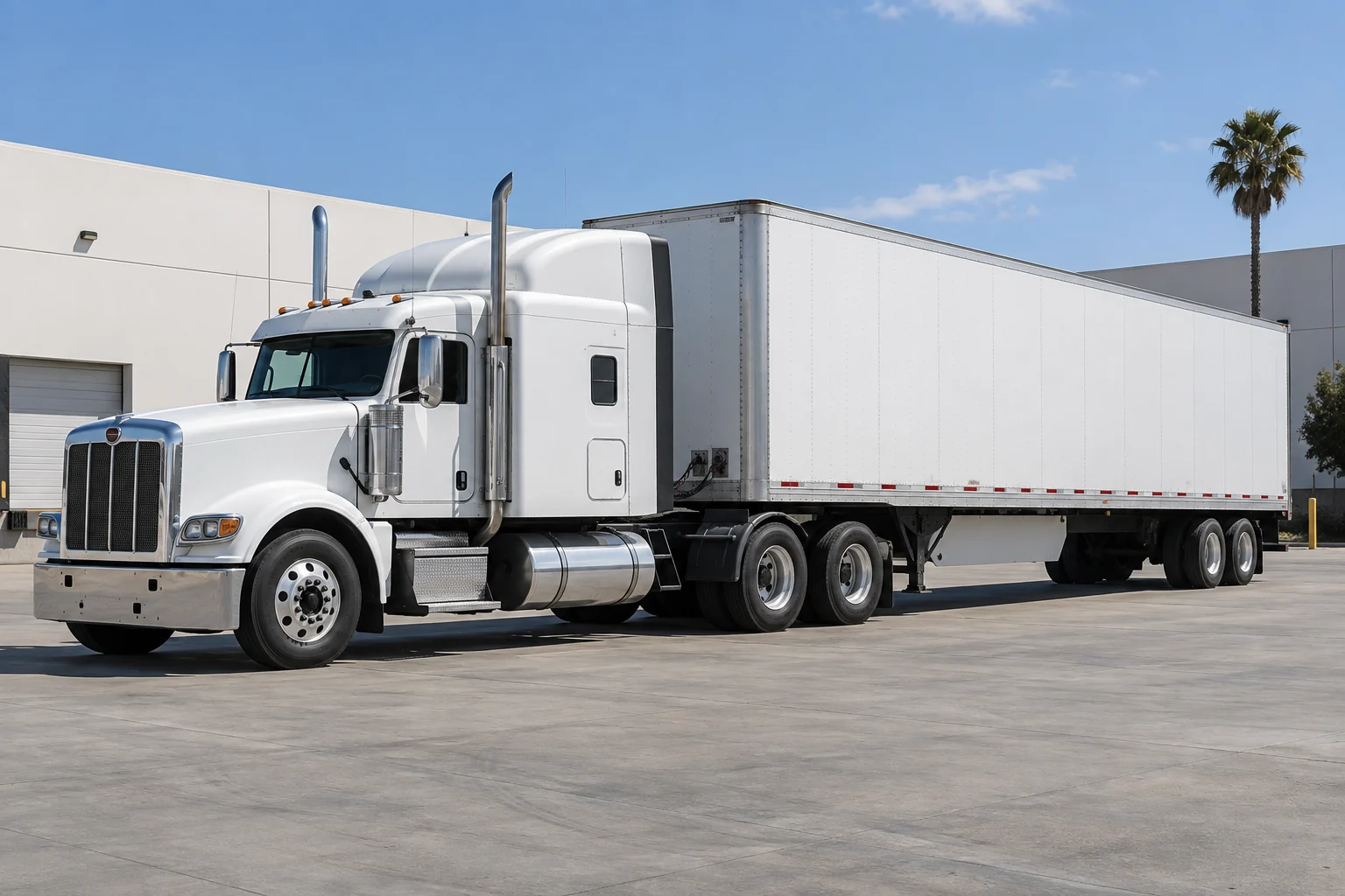 A white tractor-trailer in a Southern California industrial court, an illustrative freight scene